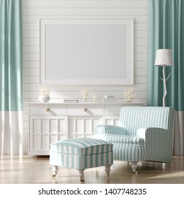 Mock Up Frame In Home Interior Background, Coastal Style Living Room With Marine Decor, 3d Render