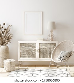 Mock up frame in home interior background, white room with natural wooden furniture, Scandi-Boho style, 3d render