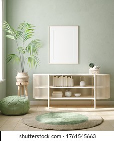 Mock Up Frame In Home Interior Background, Pastel Green Room With Natural Wooden Furniture, 3d Render