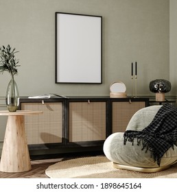 Mock up frame in home interior background, cozy room with natural wooden furniture, Scandi-Boho style, 3d render