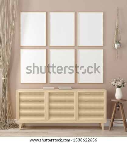 Mock up frame in home interior background, warm beige room with natural wooden furniture, Scandinavian style, 3d render