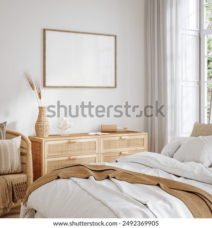 Mock up frame in home interior background, cozy bedroom with natural rattan furniture, 3d render