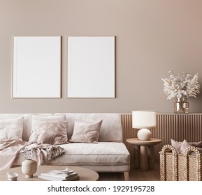 Mock up frame in modern interior background, neutral wooden living room with dried plant and home decor, 3d render, 3d illustration