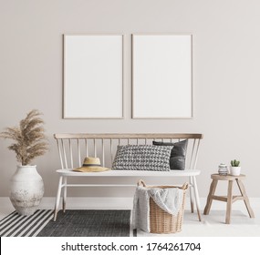 Mock Up Frame Poster In Scandinavian Living Room With White Wooden Seat, Wooden Table And Pampas Grass In White Vase. Two Wood Frames On Beige Wall Background, 3D Render, 3D Illustration