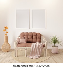 Mock Up Frame Scandinavian Style Interior Living Room Background Frame Mockup With Beige Sofa Set.3d Rendering