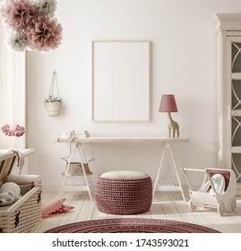 Mock up frame in warm colored girl bedroom, 3D render