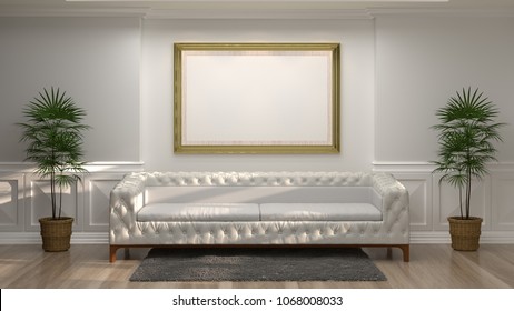 Mock Up Golden Photo Frame With White Sofa In Front Of Empty White Wall Decorative Items Minimal Style In Empty Room Vintage Style,3drendering Luxury Living Room Modern Mid Century Room Interior Home 