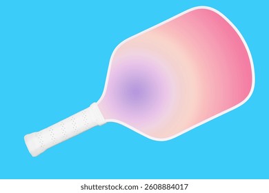 Mock up gradient multi-colored pickleball racket. White Pickleball paddle on a blue background. 