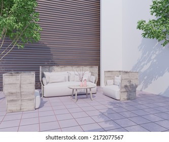 Mock Up In Home Exterior Background Wall With Minimal Style 3d Render With Outdoor Sofa Set, Sunlight On The Wall.