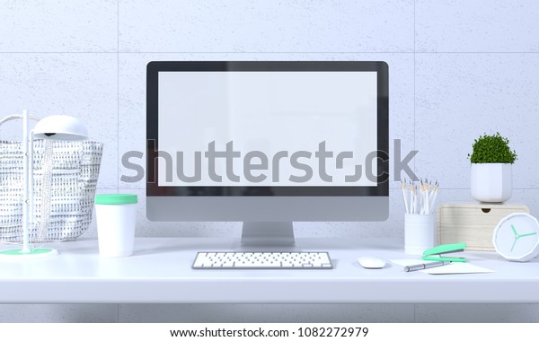 Mock Interior Computer Decoration Office Desk Stock Illustration