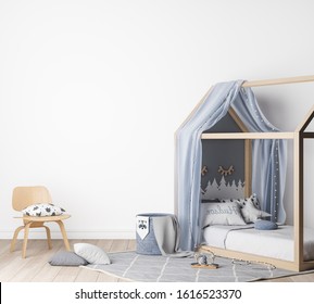 Mock Up Interior For Kids Bedroom, Blue Bed, 3d Render, 3d Illustration