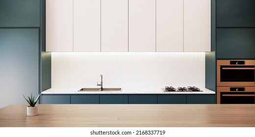 Mock Up Kitchen Room Interior Design And Decoration With Wooden Island Green Buit In Counter And Cabinets. 3d Rendering Close Up Kitchen Counter No People. 