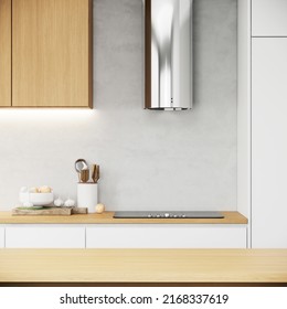 Mock Up Kitchen Room Interior In Modern Japandi Style Design And Decoration With Wooden Counter And Cabinets. 3d Rendering Minimal Kitchen Counter Close Up.