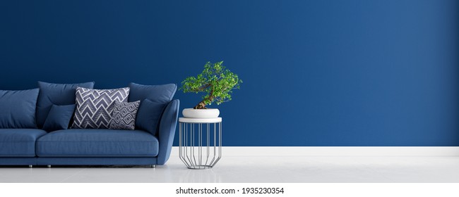 Mock Up Living Room Interior Design With Blue Sofa, Empty Blue Wall With Free Space On Right 3D Render 3D Illustration