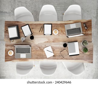 mock up meeting conference table with office accessories and laptop computers, hipster interior background, 3D render - Powered by Shutterstock