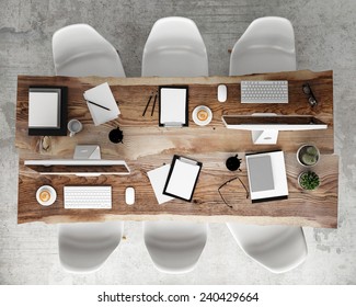 mock up meeting conference table with office accessories and computers, hipster interior background, 3D render - Powered by Shutterstock