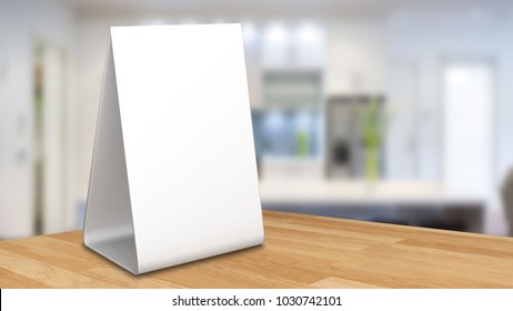 Mock up Menu frame on Table in Bar restaurant ,Stand for booklets with white sheets of paper acrylic tent card on cafeteria blurred ,Chef cooking in background. 3d illustration  - Powered by Shutterstock