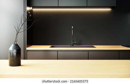 Mock Up Modern Kitchen Room Interior Design And Decoration With Wooden Countertop Black Sink And Faucet Twigs In Black Vase On The Table. 3d Redering Built In Kitchen Close Up.