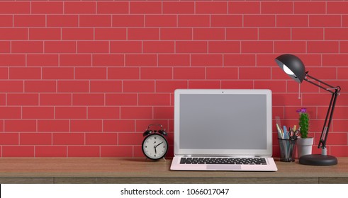 mock up notebook clock lamp on wooden table in front of the brick wall 3d rendering for copy space background