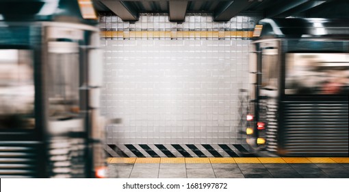 Mock Up NYC Train Subway Station With Free Space For Mockup Photos, Frames, Ad And Prints Between Two Moving Train On Background. Realistic 3d Render Illustration