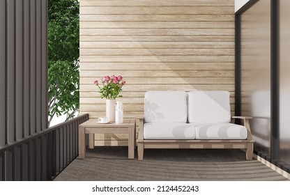 Mock Up Outdoor Terraces With Views Of The Big Trees, Tiled Floors Color Black, Wooden Walls Chair And Side Table.3d Rendering