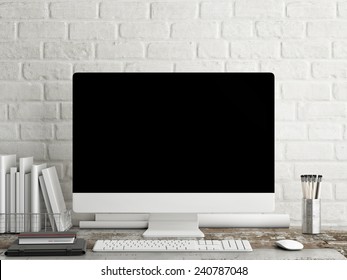 Mock up PC Screen, white brick background
