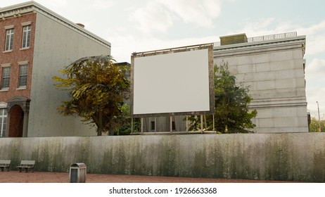 Mock Up Perspective Blank Horizontal Large Outdoor Billboard On Stand Over Cement Fence Near Old Building In Downtown, 3D Rendering Illustration, Empty Space For Insert Advertising Information