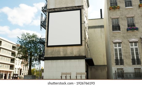 Mock Up Perspective Blank Large Outdoor Billboard On High Building Wall In Downtown, 3D Rendering Illustration, Empty Space For Insert Advertising Promotion Or Information