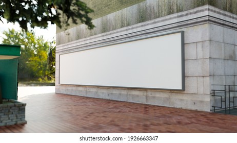 Mock Up Perspective Blank Outdoor Billboard On The Wall Of Building Near The Street,3D Rendering Illustration, Empty Space For Insert Advertising Promotion Or Information