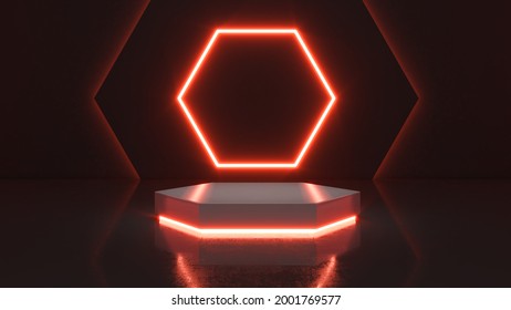 Mock up podium for product presentation,3D render,hexagonal mockup stand neon light background
