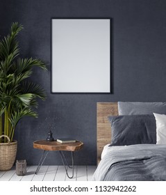 Mock up poster in bedroom interior,ethnic style, 3d render
