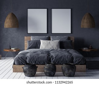 Mock Up Poster In Bedroom Interior,ethnic Style, 3d Render