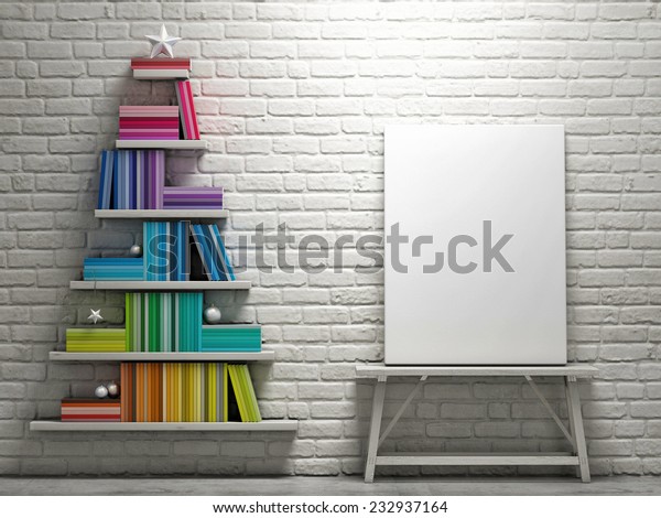 Mock Poster Bookshelf Shaped Christmas Tree Stock Illustration
