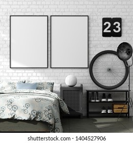 Mock Up Poster In Boy Teenage Bedroom Interior Background, Industrial Style, 3d Render