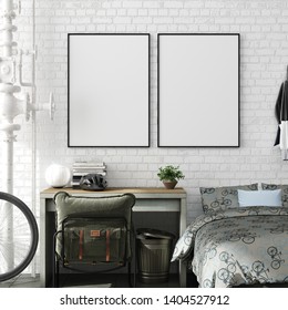 Mock Up Poster In Boy Teenage Bedroom Interior Background, Industrial Style, 3d Render