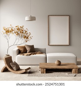 Mock up poster frame in boho style decorated livinig room. Modern, authentic Interior design of living room with wooden furnitures. 3D illustration