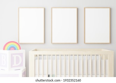 Mock up poster frame in children room, kids room, nursery mockup,blue wall, 3d rendering