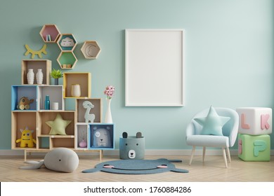 Mock Up Poster Frame In Children Room,kids Room,nursery Mockup,blue Wall,3d Rendering