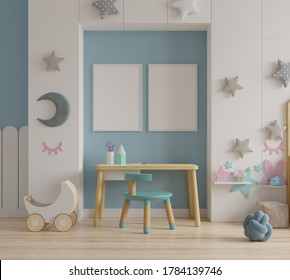 Mock Up Poster Frame In Children Room,kids Room,nursery Mockup,blue Wall,3d Rendering