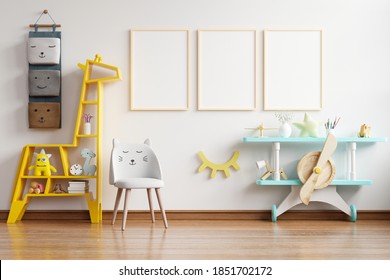 Mock Up Poster Frame In Children Room,kids Room,nursery Mockup,3d Rendering