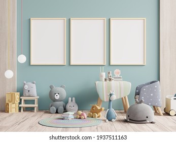 Mock up poster frame in children room,kids room,nursery mockup,3d rendering