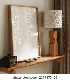 Mock up poster frame close up on shelf with decoration, 3d render
