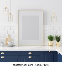 Mock up poster frame close-up in kitchen 
interior, American style, 3d render