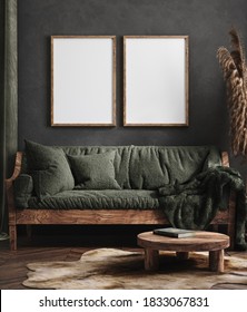 Mock Up Poster Frame In Dark Green Living Room Interior, Ethnic Style, 3d Render