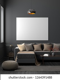 Mock up poster frame in dark modern living room interior. 3D illustration - Shutterstock ID 1264391488