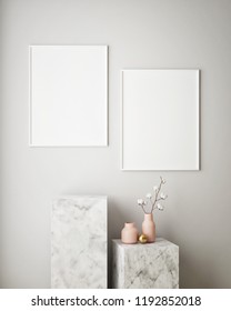 mock up poster frame in geometric interior background, pastel colors, 3D render, 3D illustration
