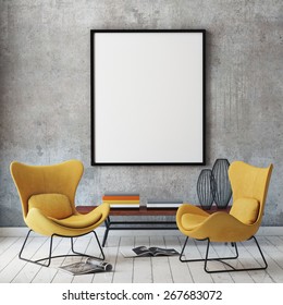 Mock Up Poster Frame In Hipster Interior Background, 3D Render