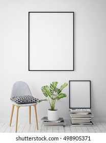 mock up poster frame in hipster interior background, 3D render, 3D illustration