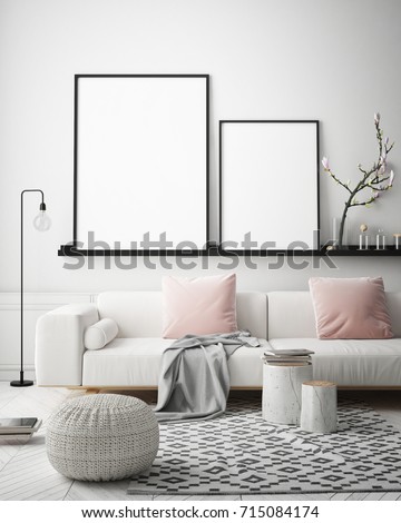 mock up poster frame in hipster interior background, Scandinavian style, 3D render, 3D illustration