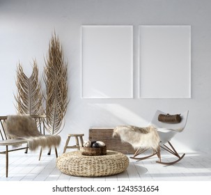 Mock Up Poster Frame In Home Interior Background, Bohemian Style Living Room, 3D Render